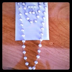 Silver Pearl Necklace and earrings Set